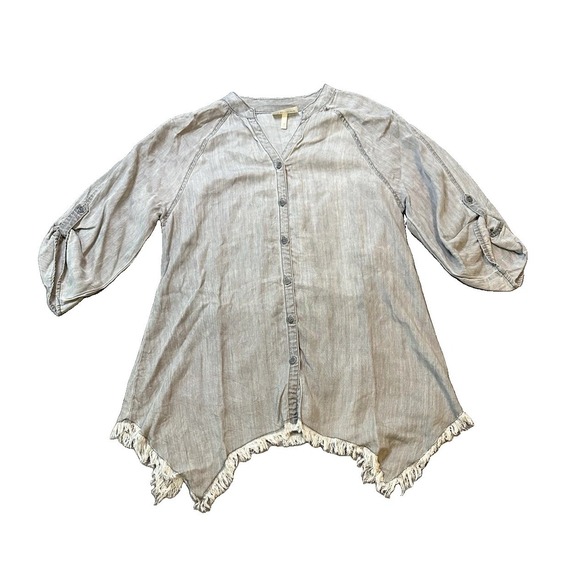Hester & Orchard Tops - Hester Orchard Raw Sharkbite Hem 100% Tencel Fringe Womens Tunic Top S Boho Art